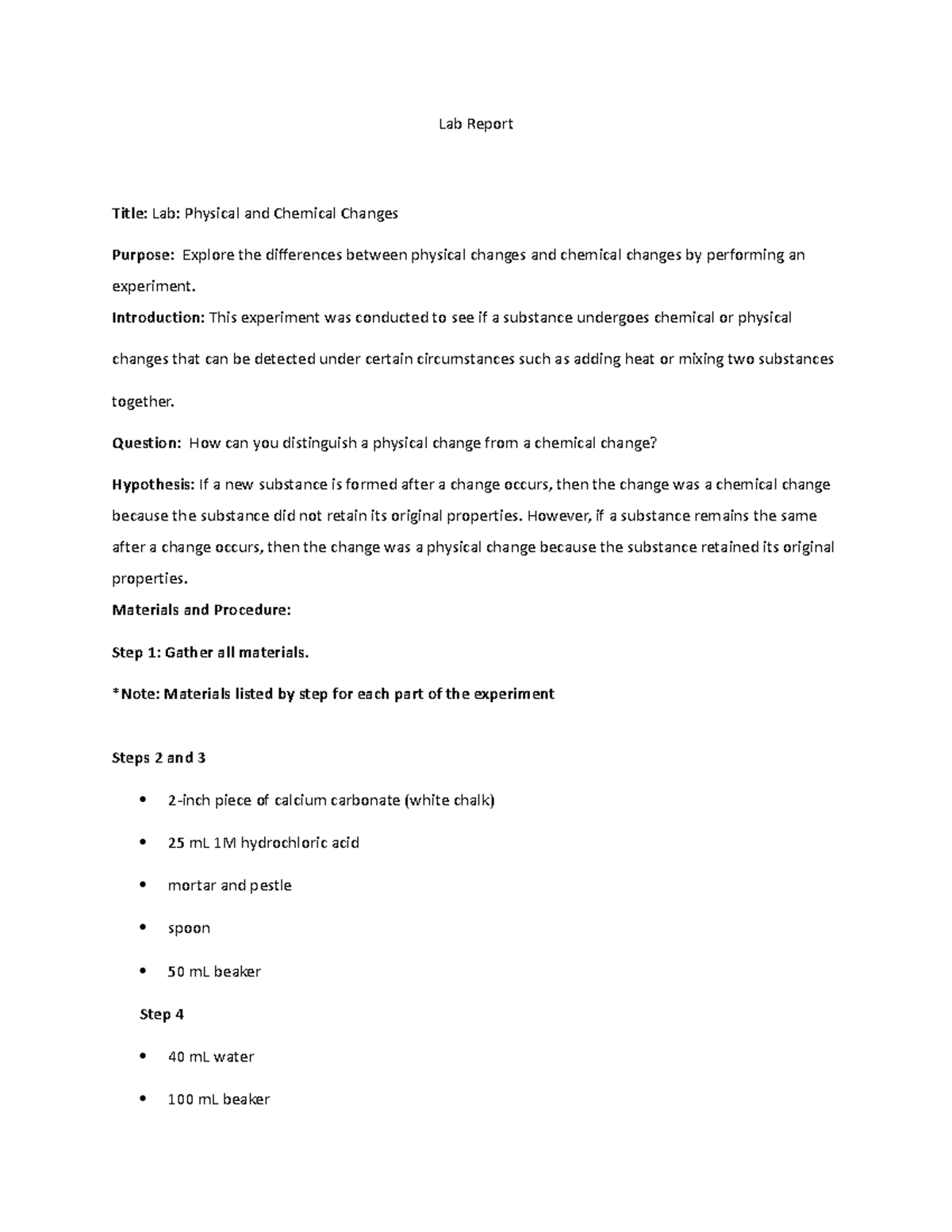 Lab Physical and Chemical Changes lab report Lab Report Title Lab