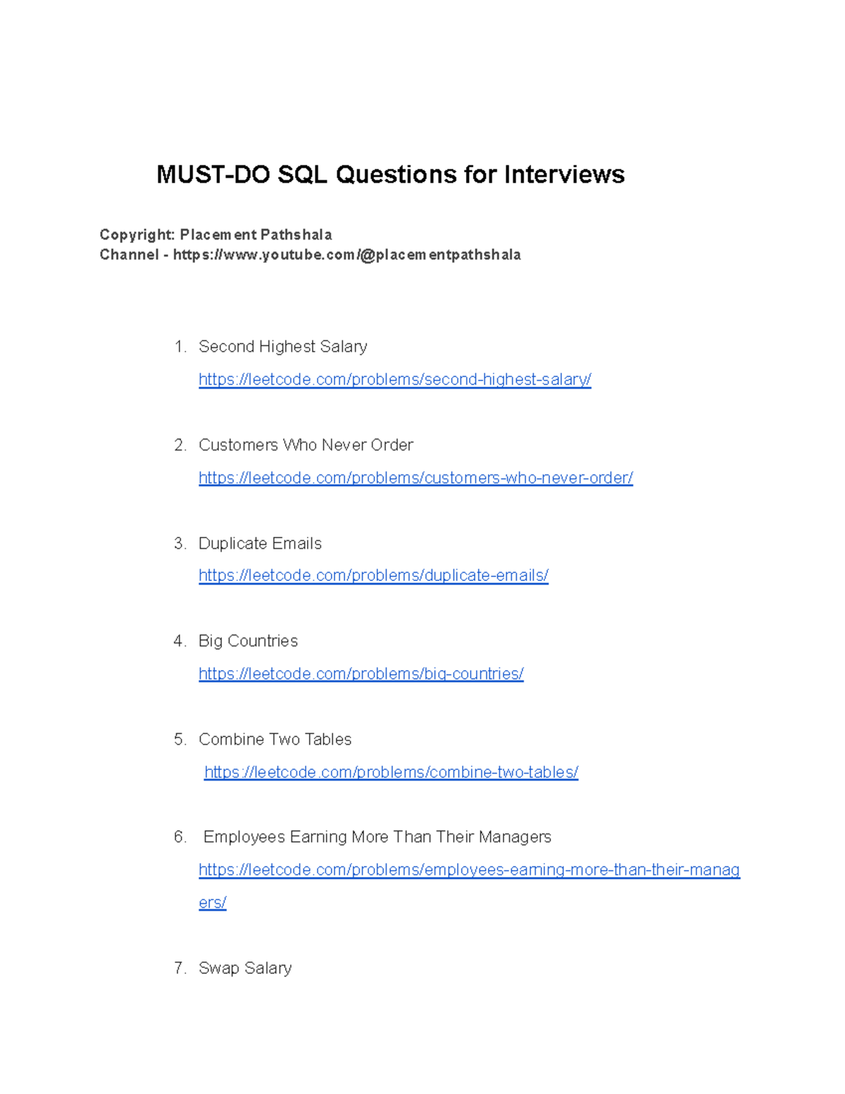 MUST-DO SQL Questions for Interviews - MUST-DO SQL Questions for ...