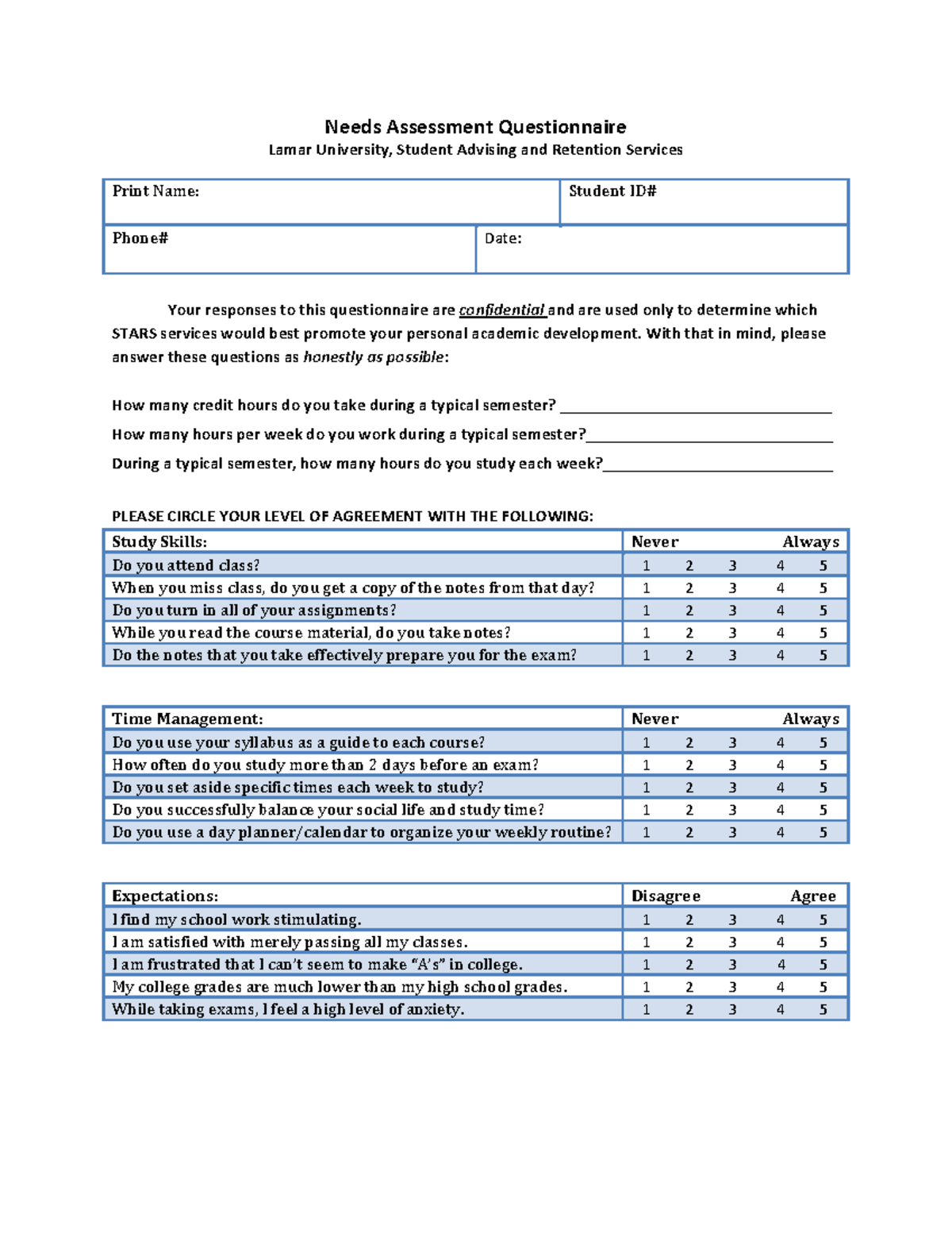 Needs Assessment test Needs Assessment Questionnaire Lamar