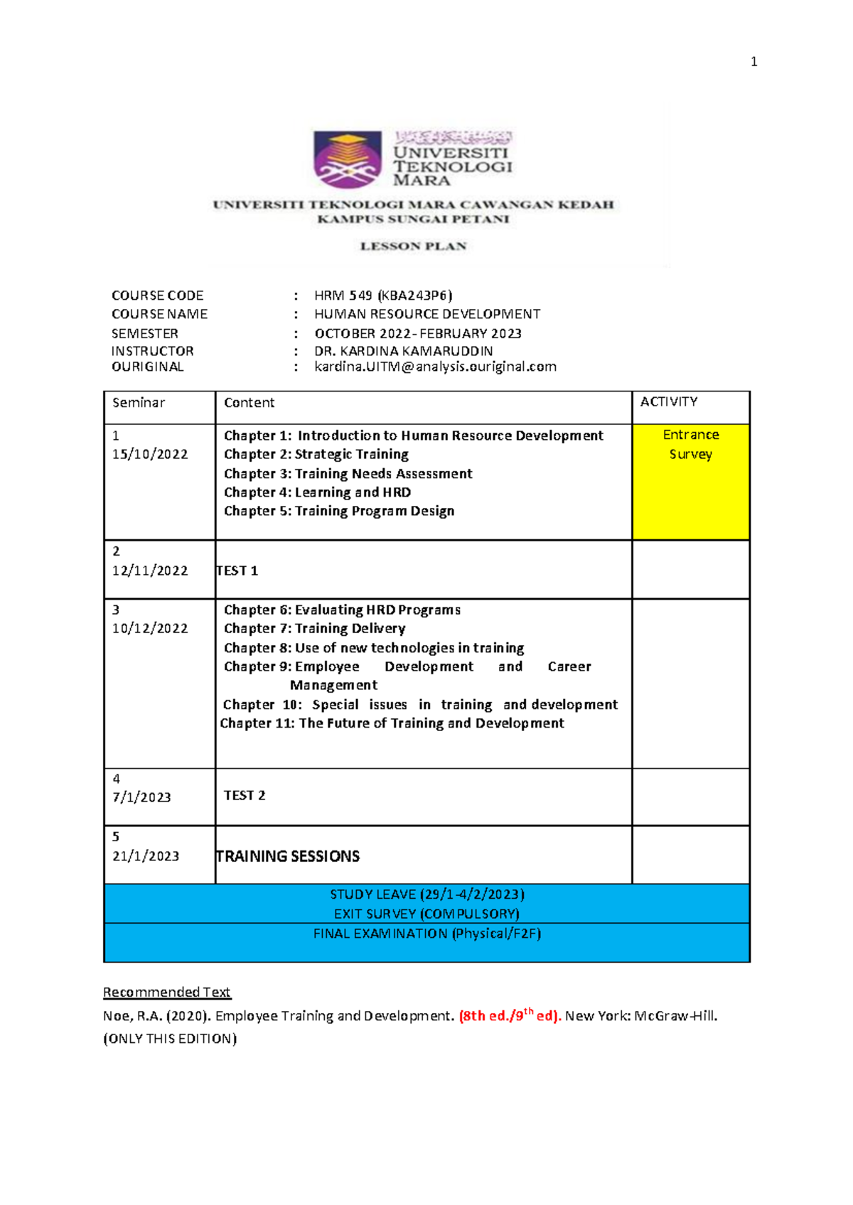 LP HRM549 OCT 2022 e PJJ - 1 COURSE CODE : HRM 549 (KBA243P6) COURSE ...