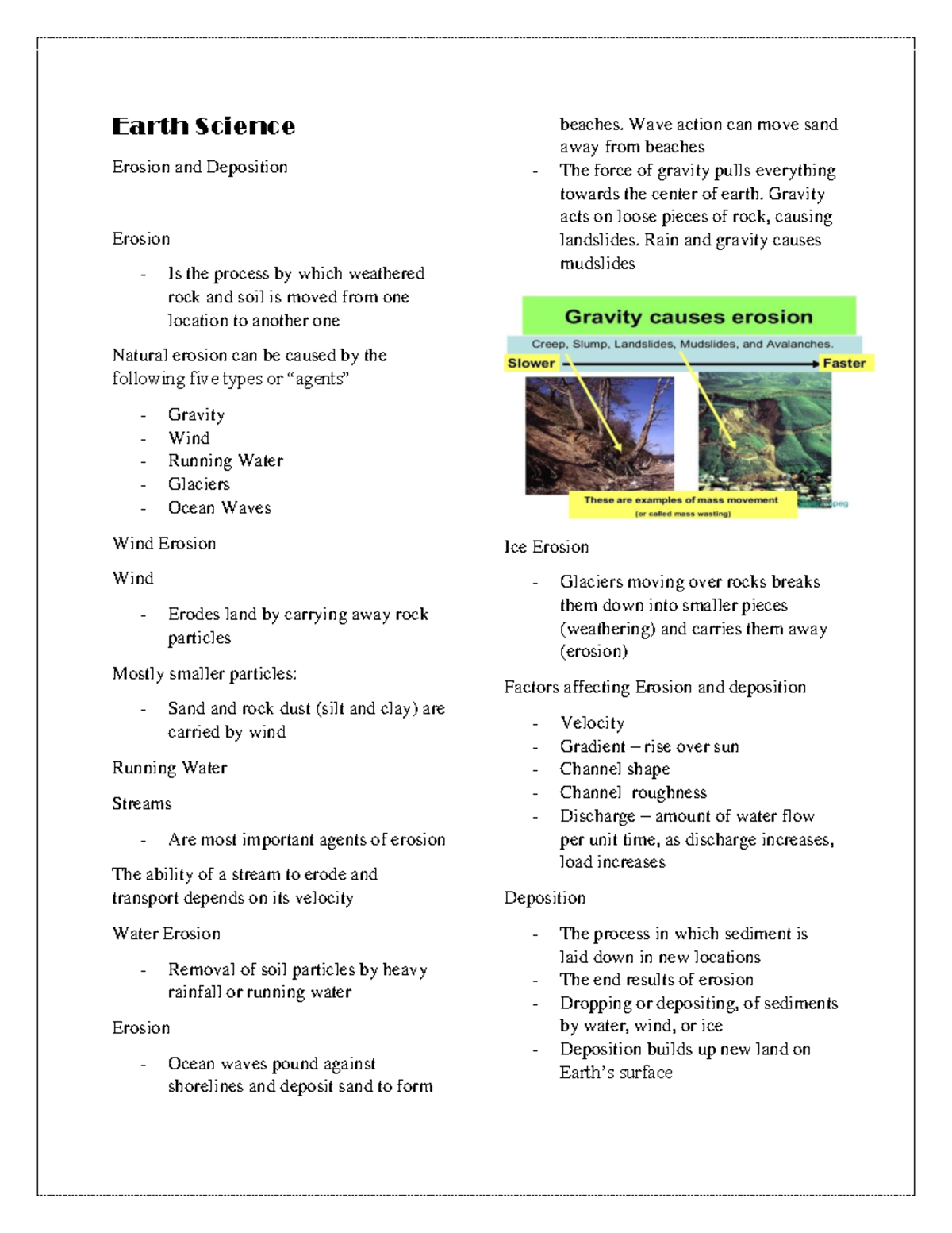 Earth Science Reviewer - Earth Science Erosion and Deposition Erosion ...