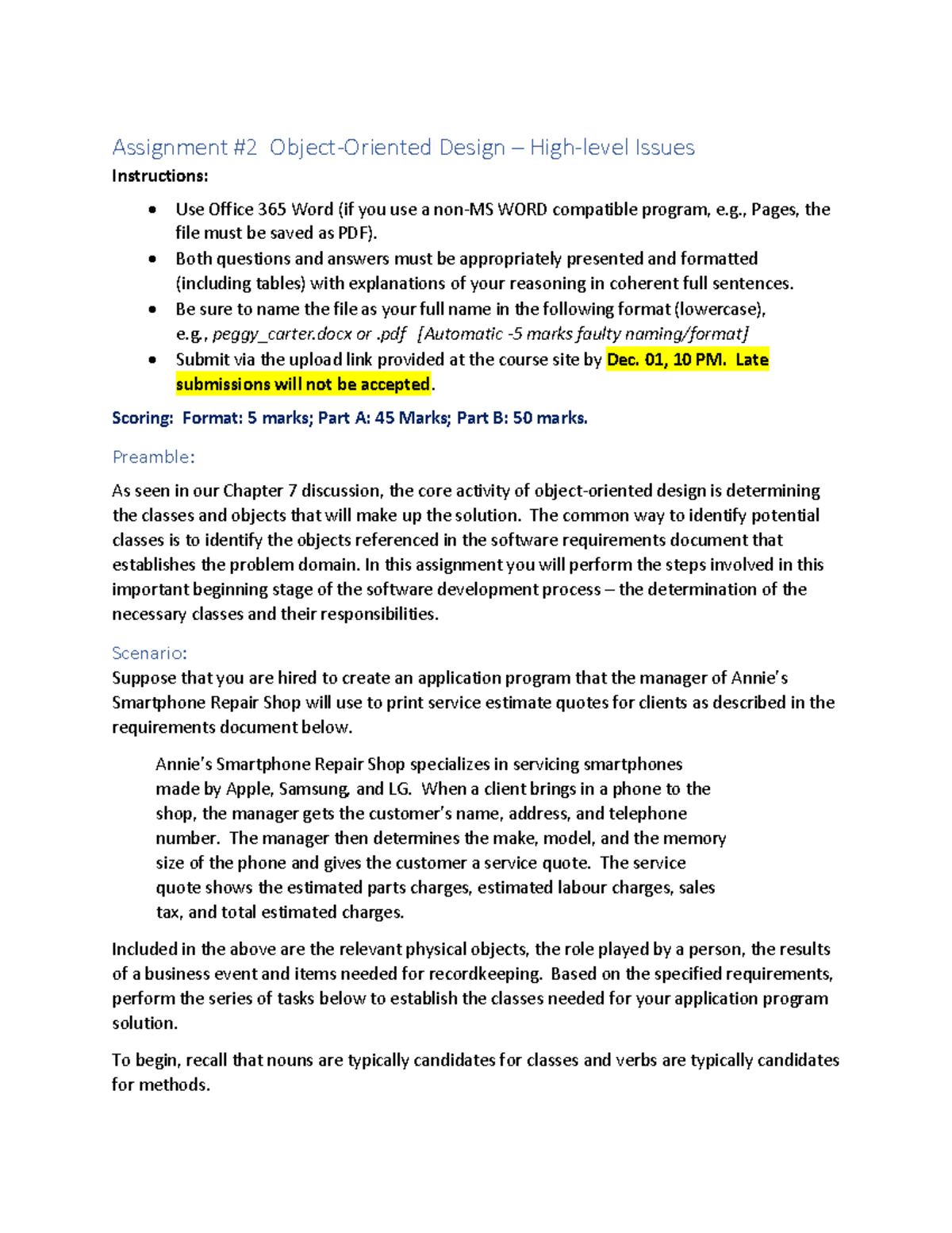 A2-SE - Assignment 2 - Assignment #2 Object-Oriented Design – High ...