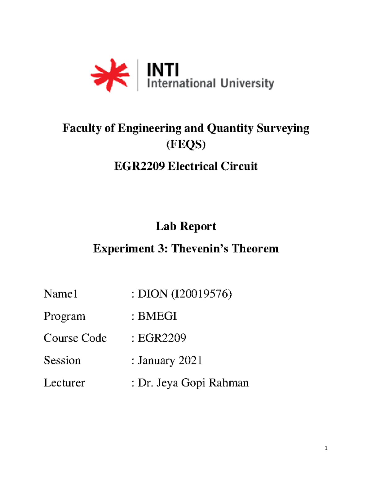 Report 3: THEVENIN'S THEOREM lab report - Faculty of Engineering and ...