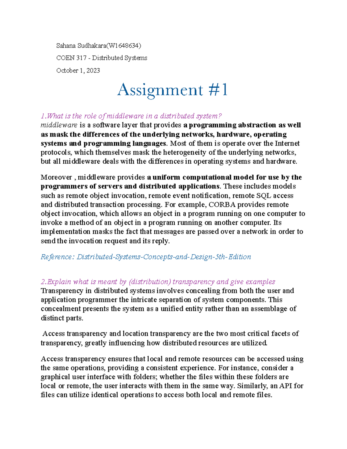Assignment 1 DS - Sahana Sudhakara(W1648634) COEN 317 - Distributed ...