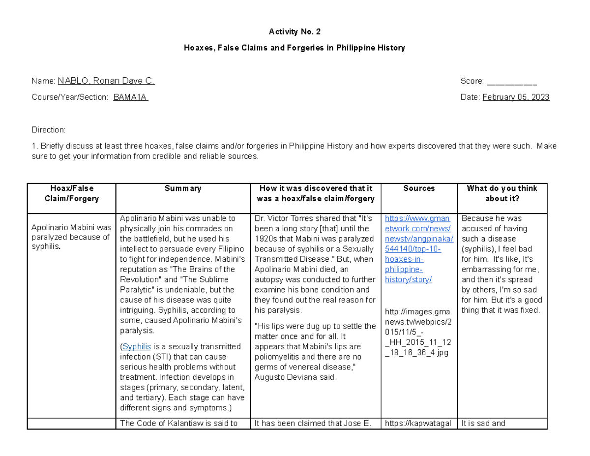 Activity No. 2 - Hoaxes, False Claims and Forgeries in Philippine ...