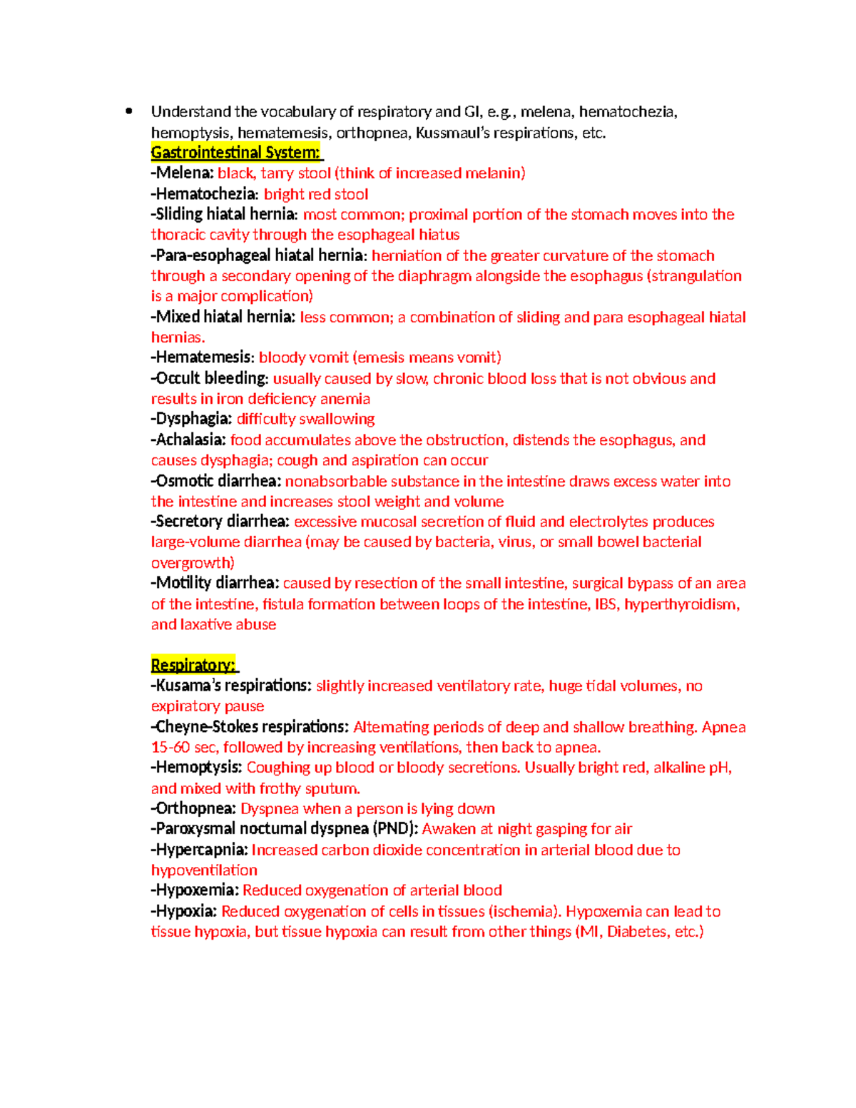 Patho exam 3 notes - Understand the vocabulary of respiratory and GI, e ...