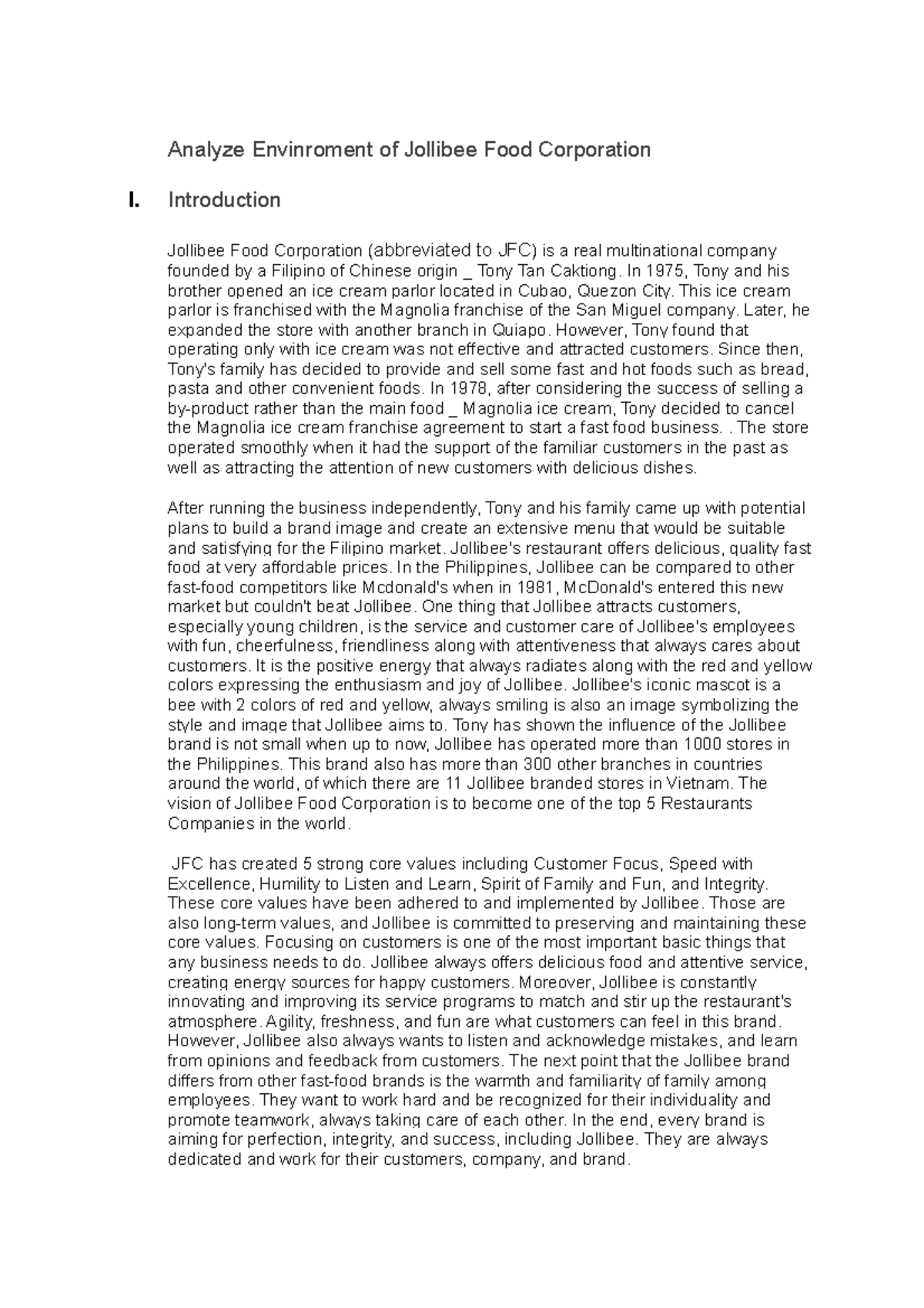 Analyze Envinroment Of Jollibee Food Corporation Introduction