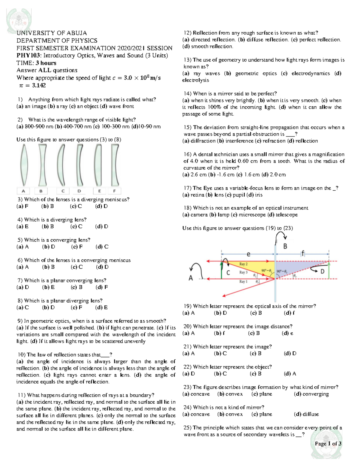 PHY103 past question(1) - Page 1 of 3 UNIVERSITY OF ABUJA DEPARTMENT OF ...