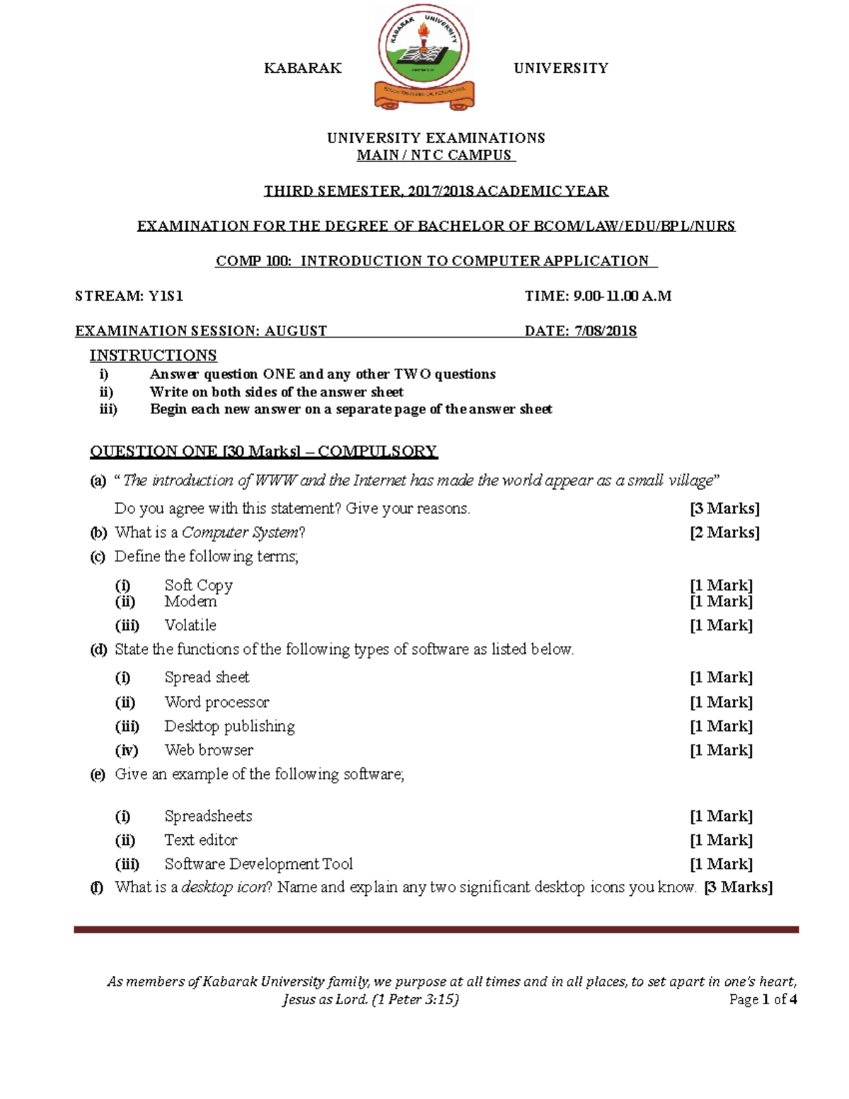 COMP 100 Introduction TO Computer Application - kabarak university ...