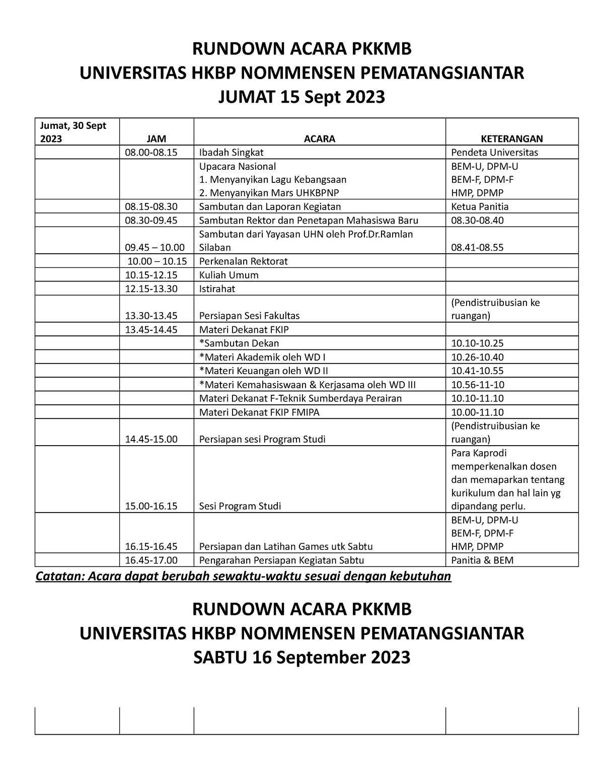 Rundown Acara Pkkmb Uhkbpnp 2023 - RUNDOWN ACARA PKKMB UNIVERSITAS HKBP ...