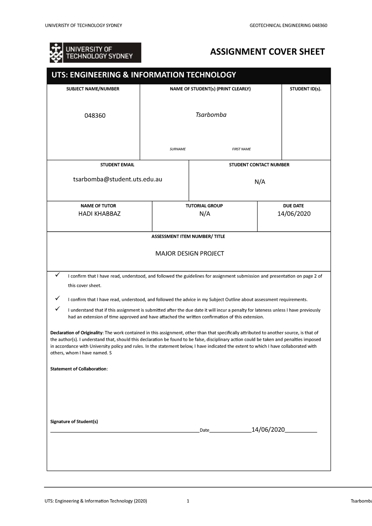 assignment cover sheet uts