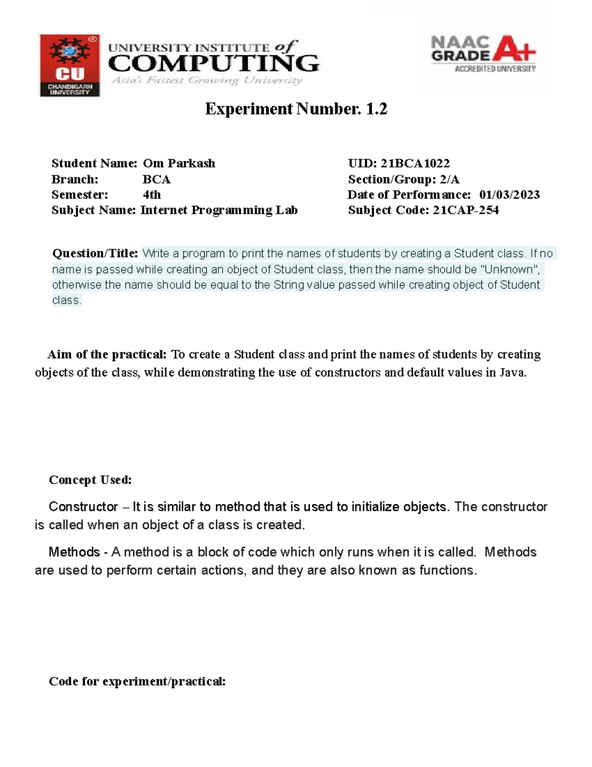 21BCA1022 Om Parkash Java 1 - Experiment Number. 1. Student Name: Om ...