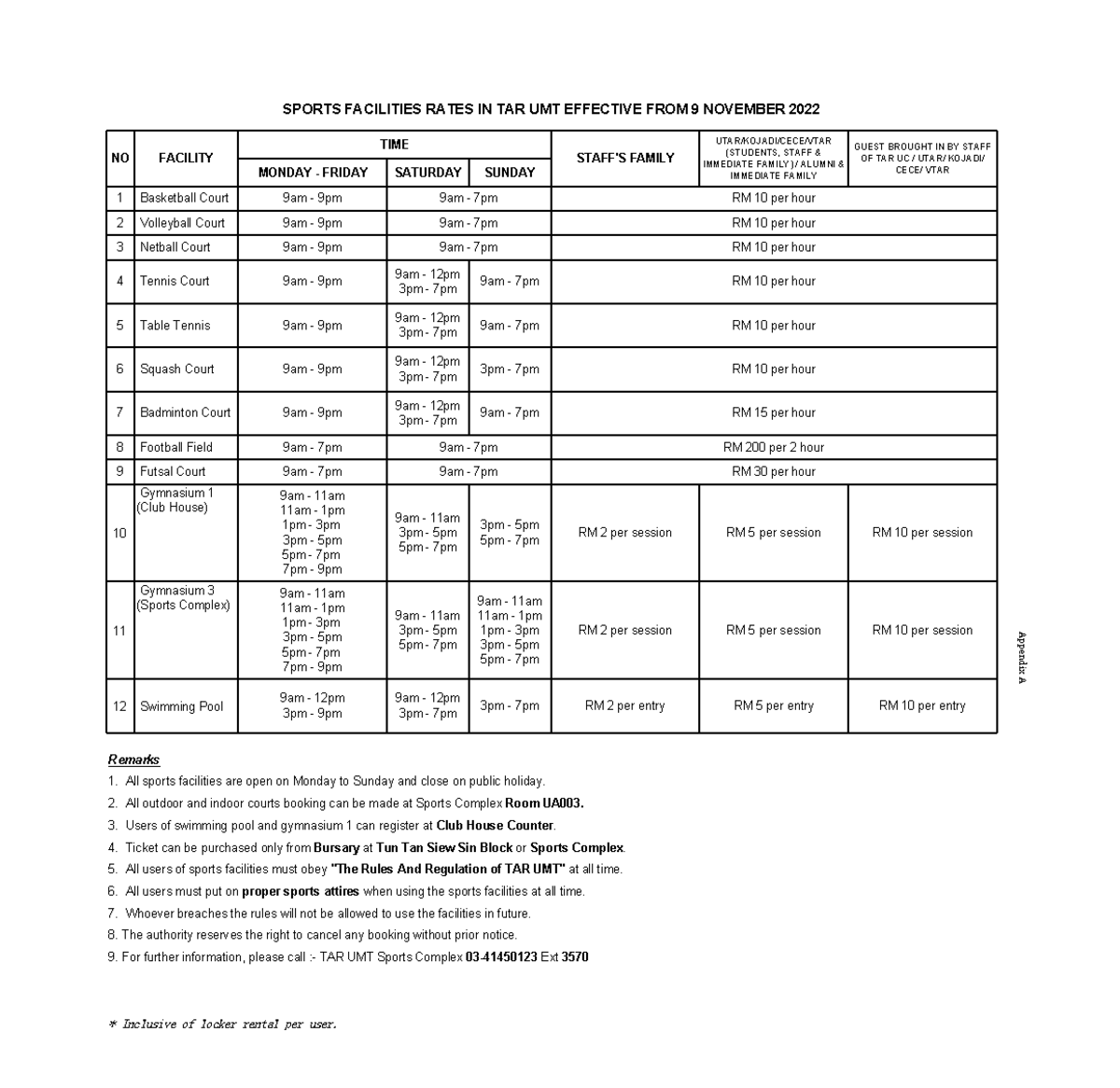 Tarumt gym fee 1dwwd SPORTS FACILITIES RATES IN TAR UMT EFFECTIVE