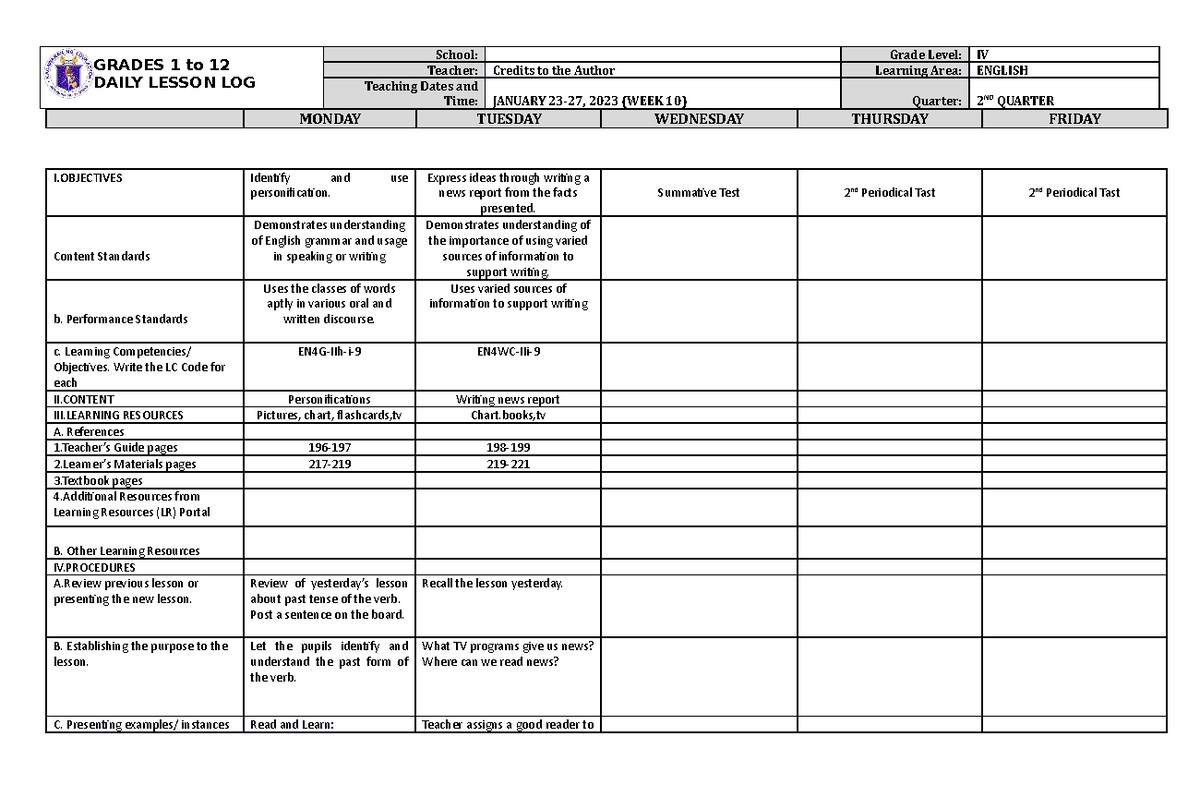 DLL English 4 Q2 W10 - dll - GRADES 1 to 12 DAILY LESSON LOG School ...