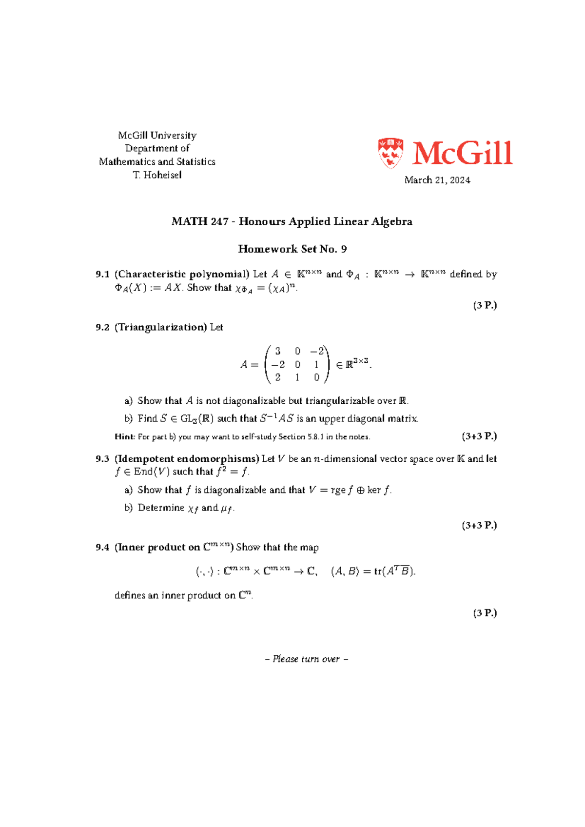 Set 9 Homework Weekly Mcgill University Department Of Mathematics And