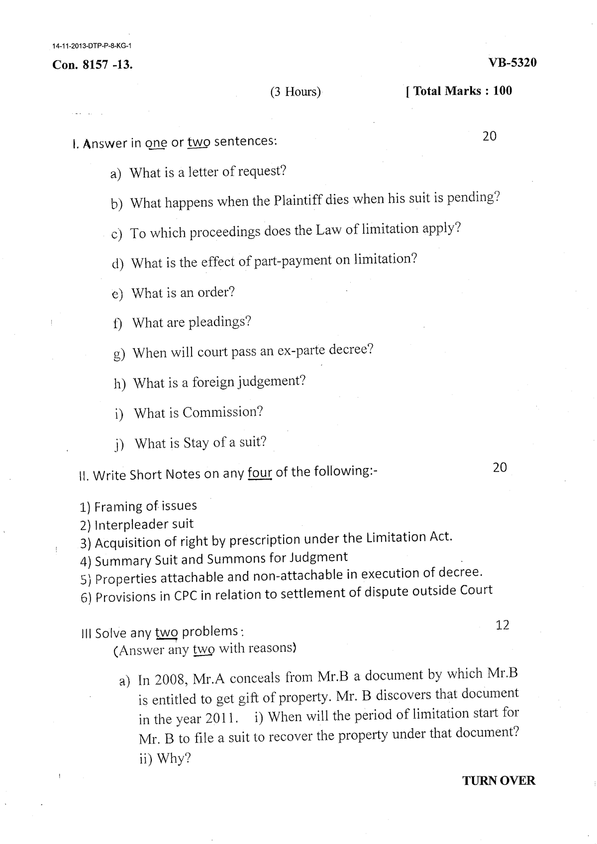 Cpc 2013 Nov - Question Paper Mumbai University - Civil Procedure Code 