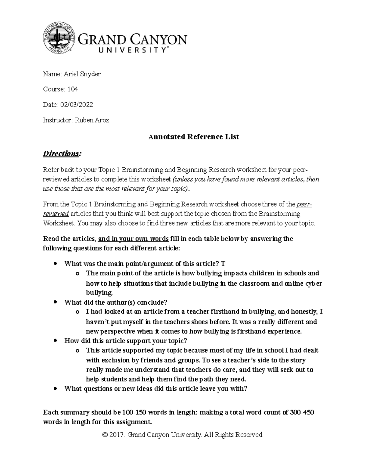 UNV104 T2 refence list - Name: Ariel Snyder Course: 104 Date: 02/03 ...