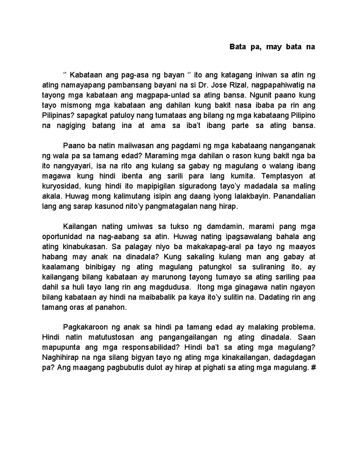 Teenage Pregnancy - Talumpati At Sanaysay - Bata Pa, May Bata Na ...