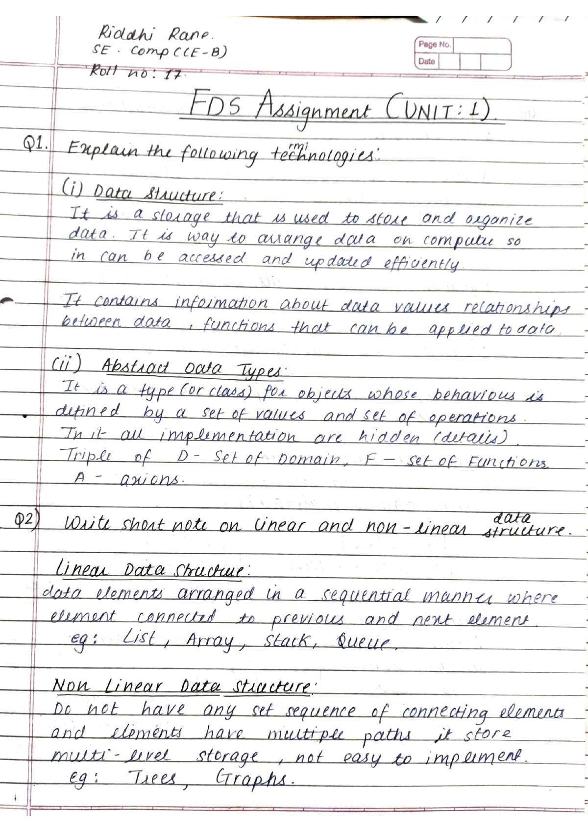 FDS unit 1 Assignment - Notes - Computer Engineering - Studocu