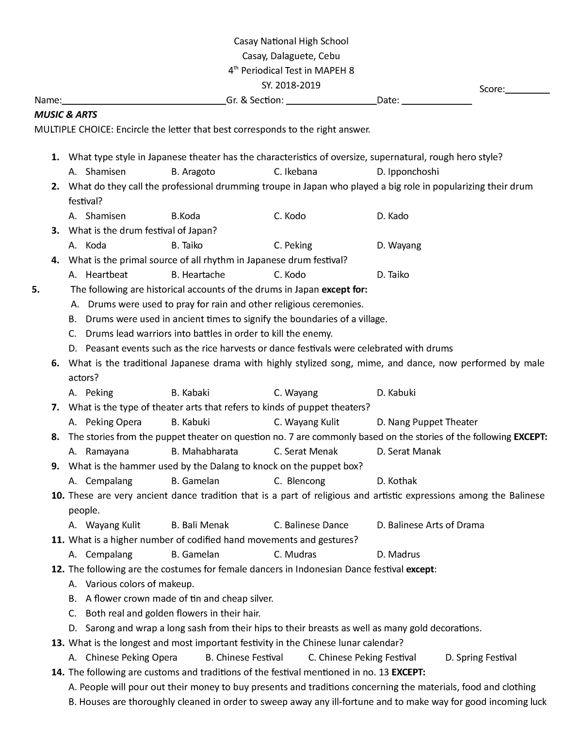 Mapeh 8 4th quarter - Casay National High School Casay, Dalaguete, Cebu 4 th Periodical Test in ...