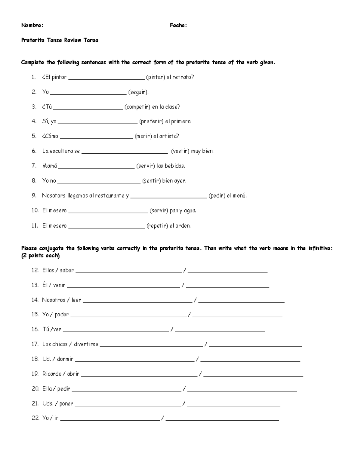 Preterite Review Packet - Nombre: Fecha: Preterite Tense Review Tarea ...