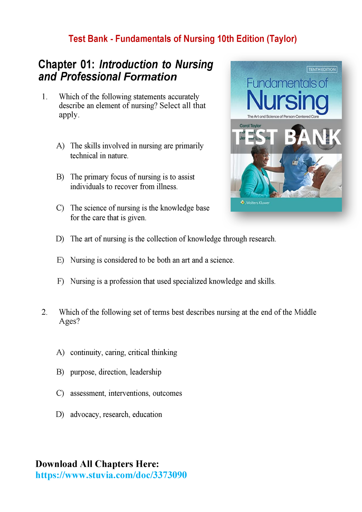 A+ Ultimate Guide Test Bank Fundamentals Of Nursing 10th Edition Taylor ...