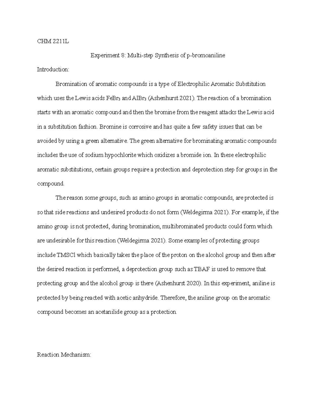 CHM 2211L Experiment 8: Synthesis Of Acetanilide - Studocu