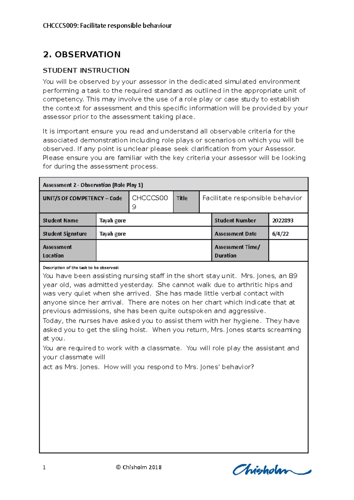 Backup of Chcccs 009AT2Observation Roleplays-2 - 2. OBSERVATION STUDENT ...