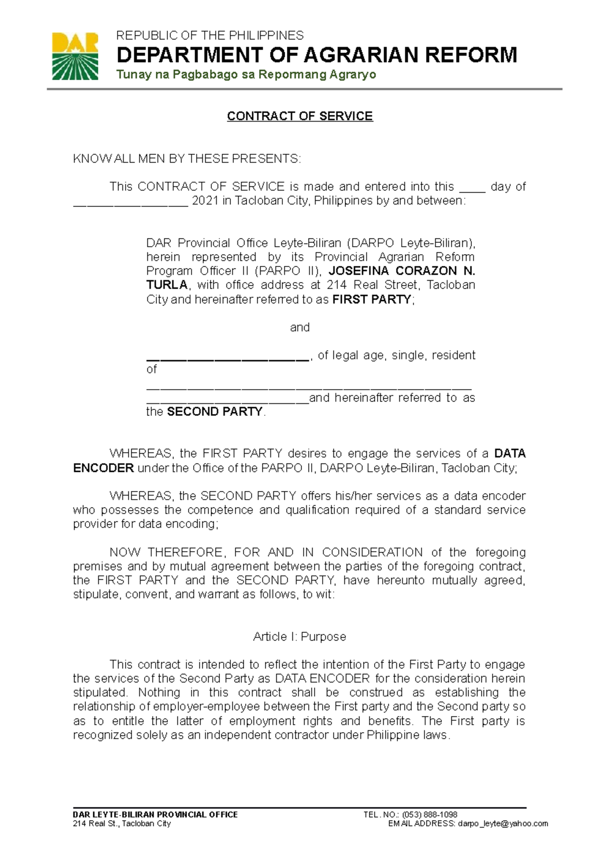 Contract Encoder on Daily Lectures - DEPARTMENT OF AGRARIAN REFORM ...