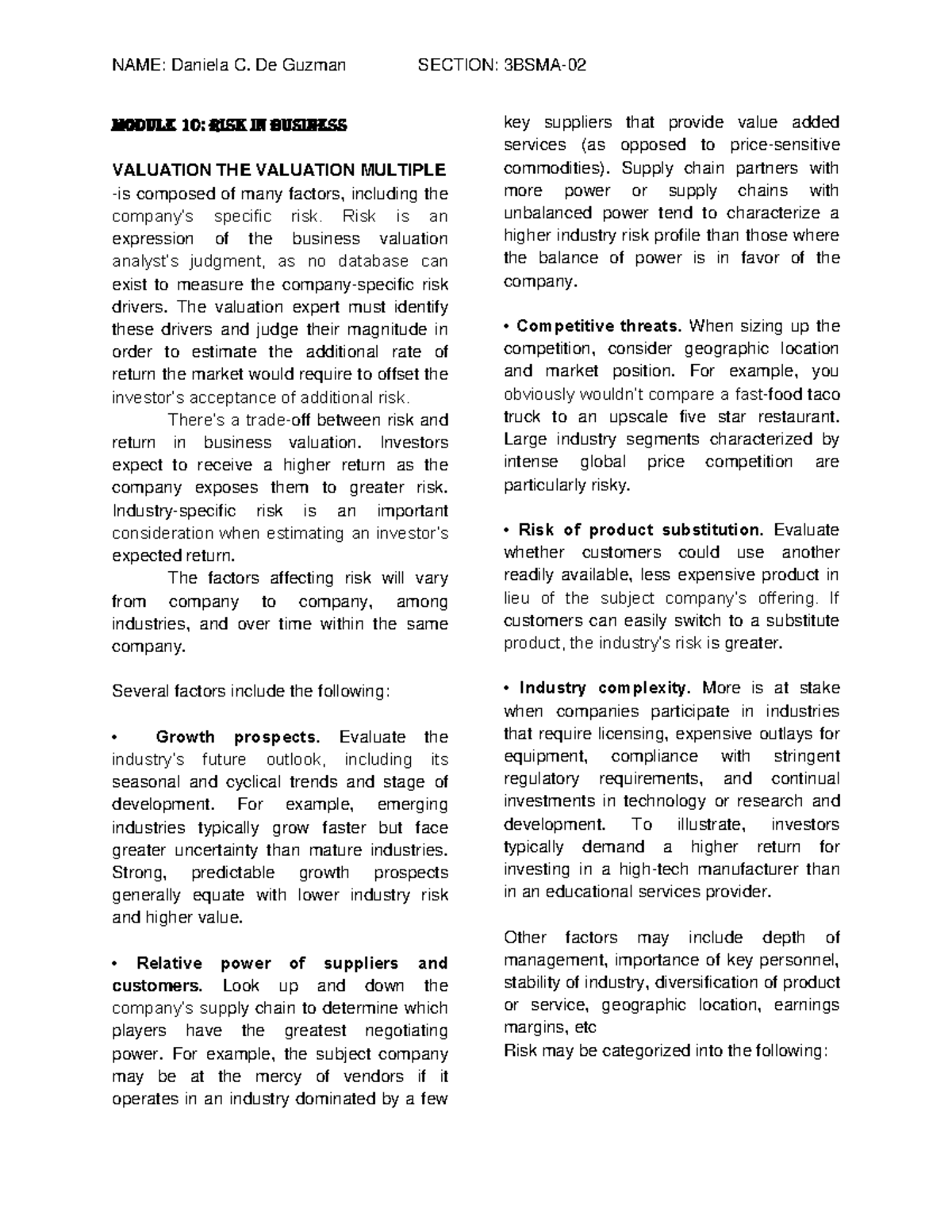 Module Outline (10-11) - MODULE 10: RISK IN BUSINESS VALUATION THE ...