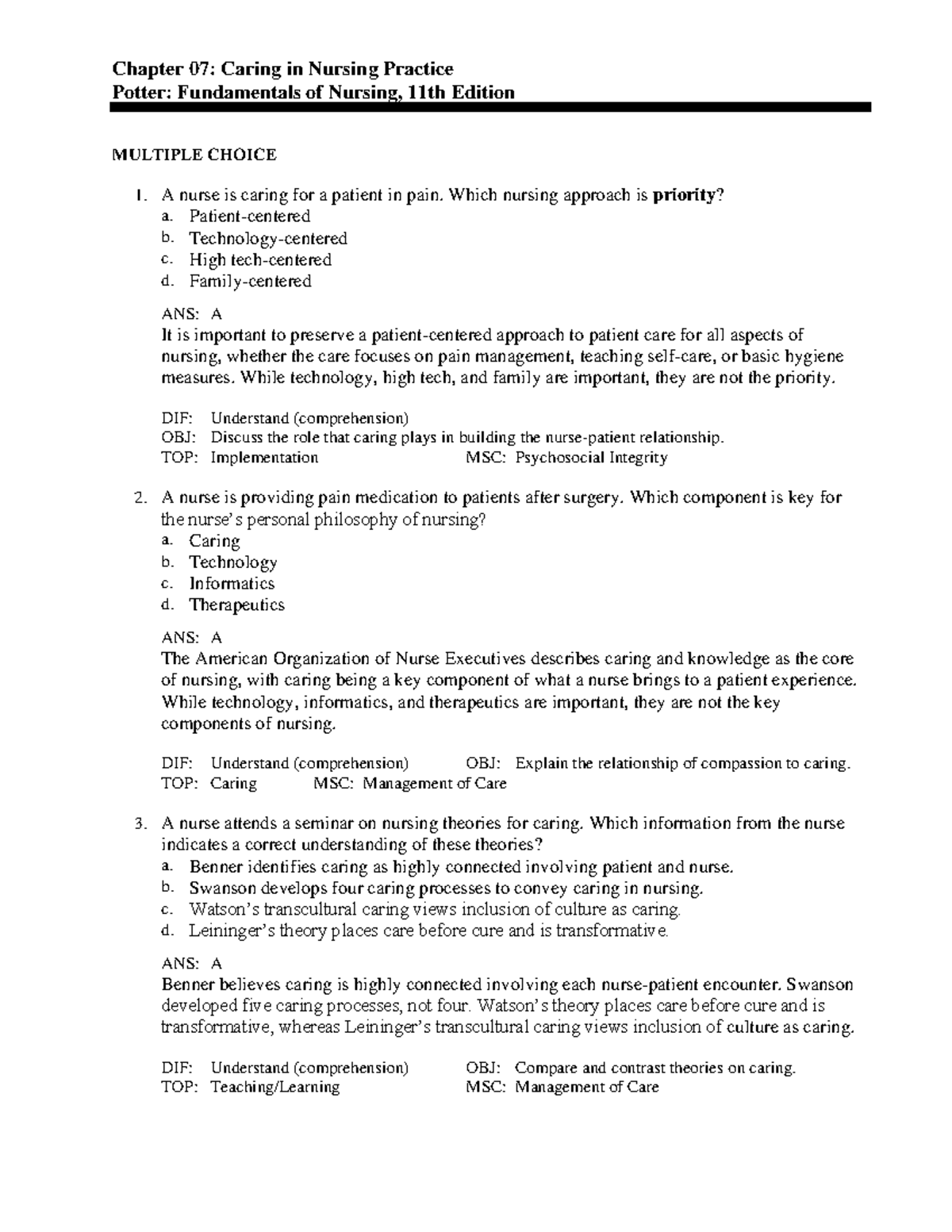 07 - Practice questions - Chapter 07: Caring in Nursing Practice Potter ...