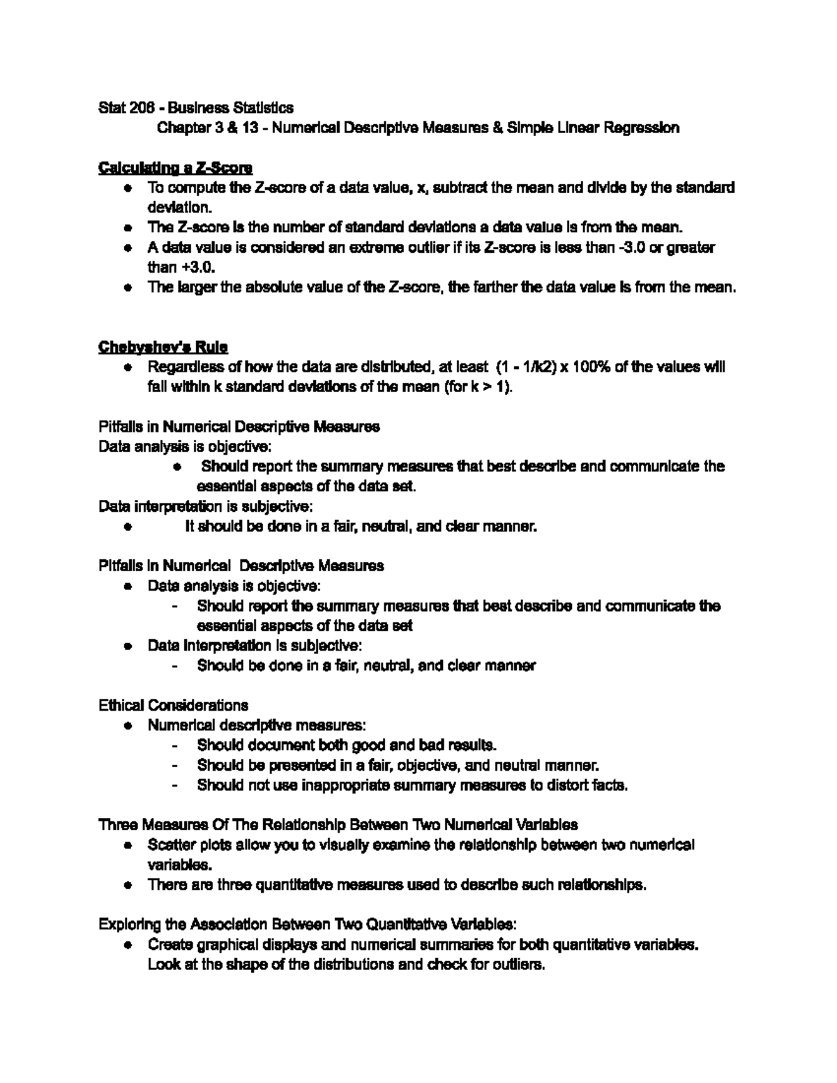 Stat 206 Notes - Calculating A Z-score, Chebyshev Rule - Stat 206 - Studocu