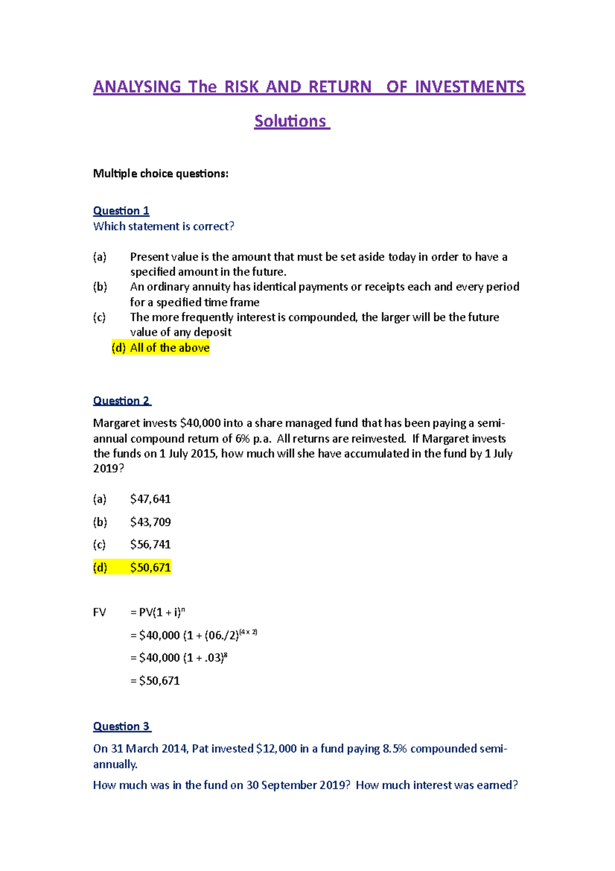Week 2 Solutions - ANALYSING The RISK AND RETURN OF INVESTMENTS ...