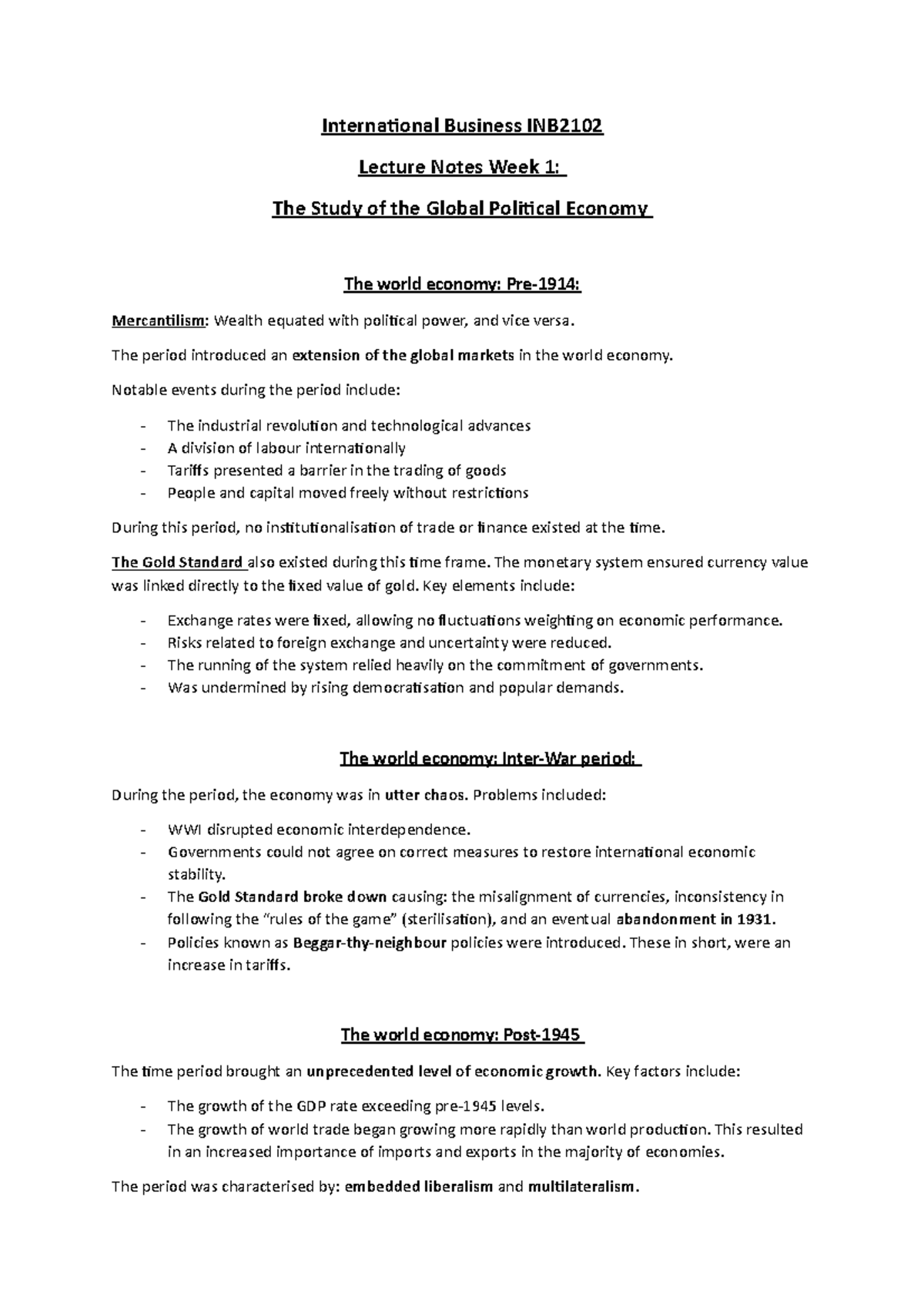 INB2102 International Business Lecture Notes Week 1: The Global ...