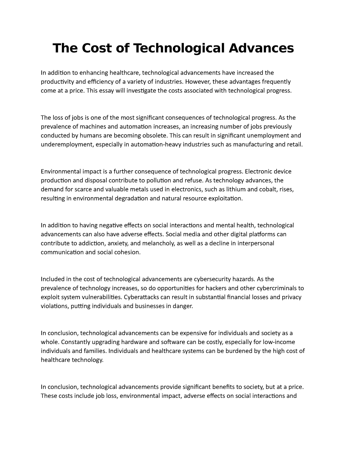 essay about technological advancement