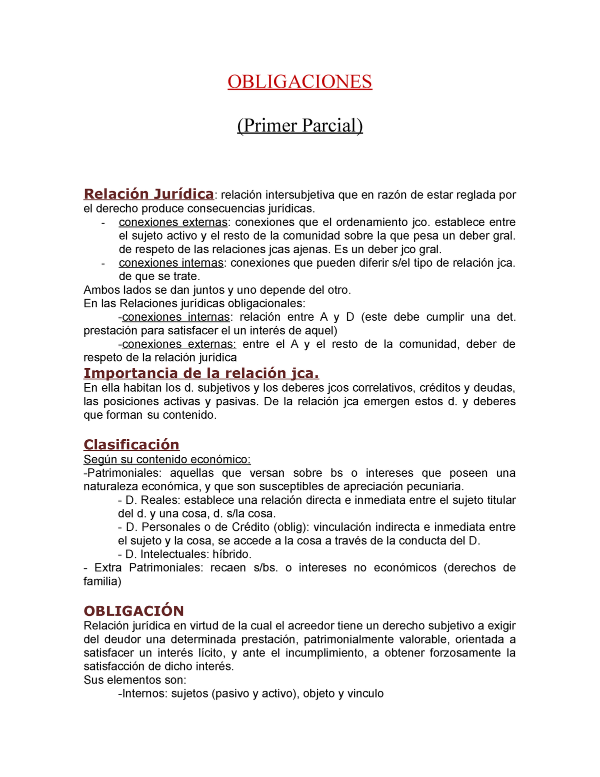 Resumen - Obligaciones (Primer Parcial) - OBLIGACIONES (Primer Parcial ...