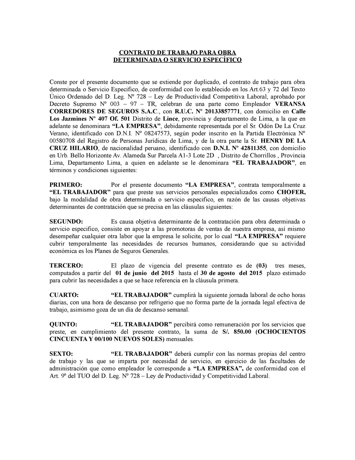 Contrato De Trabajo Para Obra Contrato De Trabajo Para Obra Determinada O Servicio EspecÍfico 3267