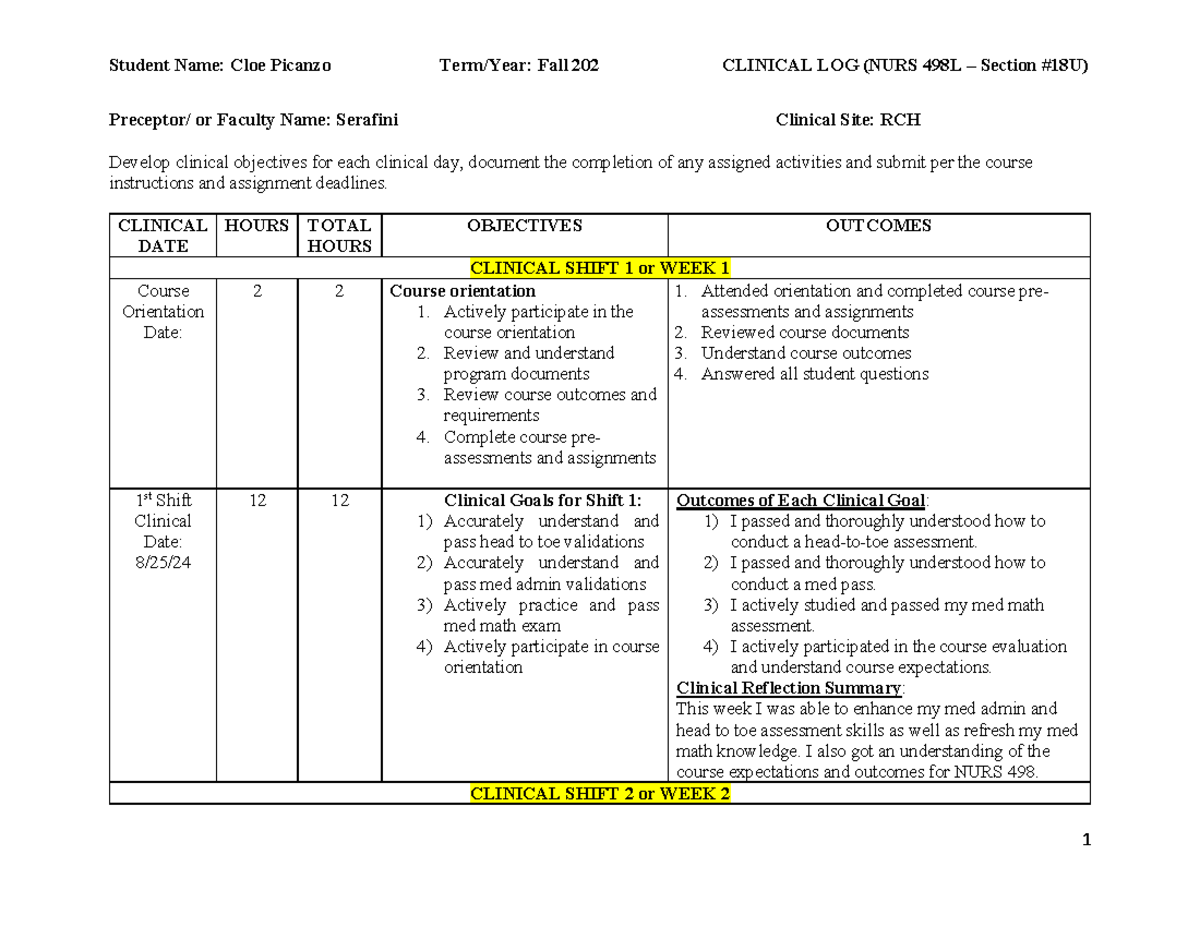 Clinical LOG Template-N498L - FALL 2 2023 - Preceptor/ or Faculty Name ...