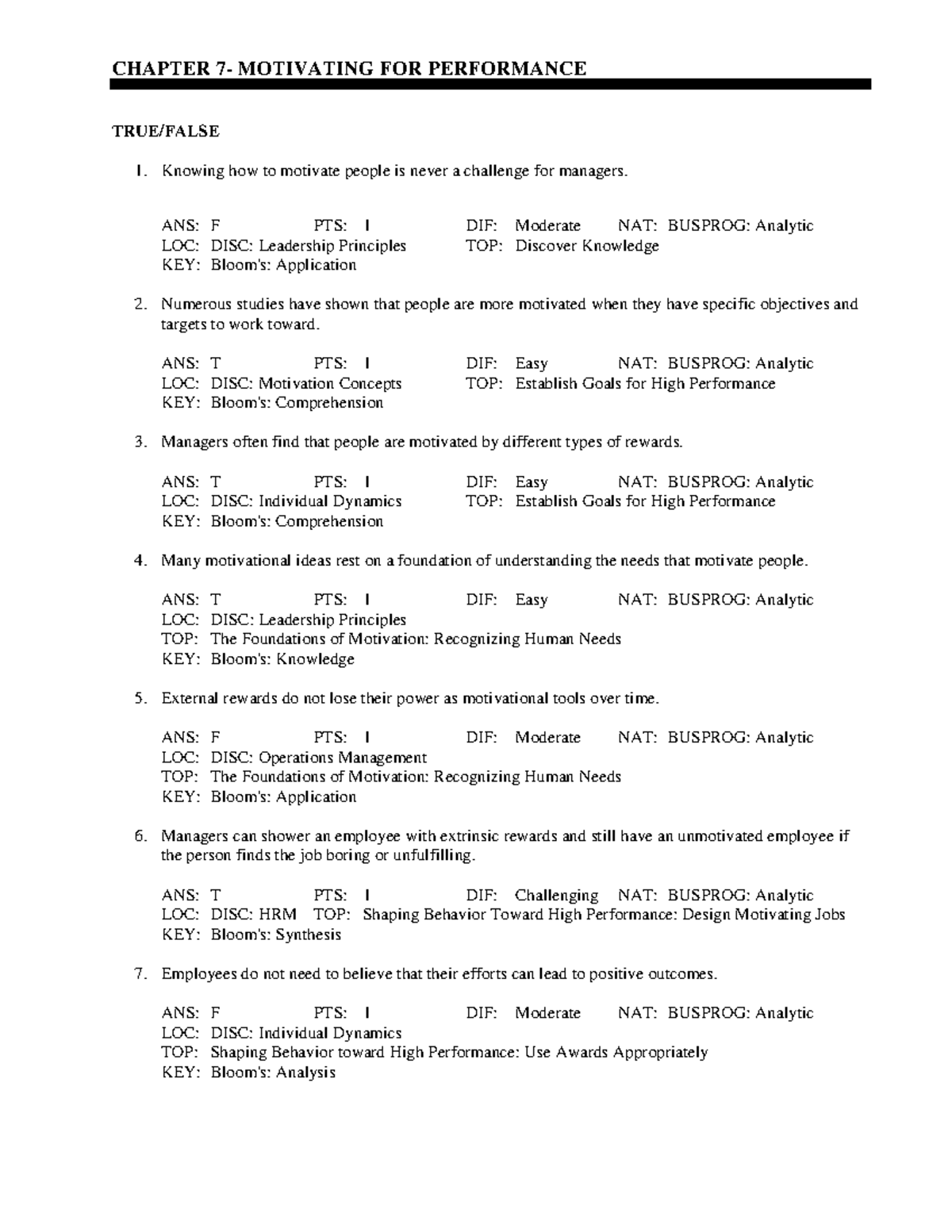 Chapter 07 V2 - Quiz Practice Material - CHAPTER 7- MOTIVATING FOR ...