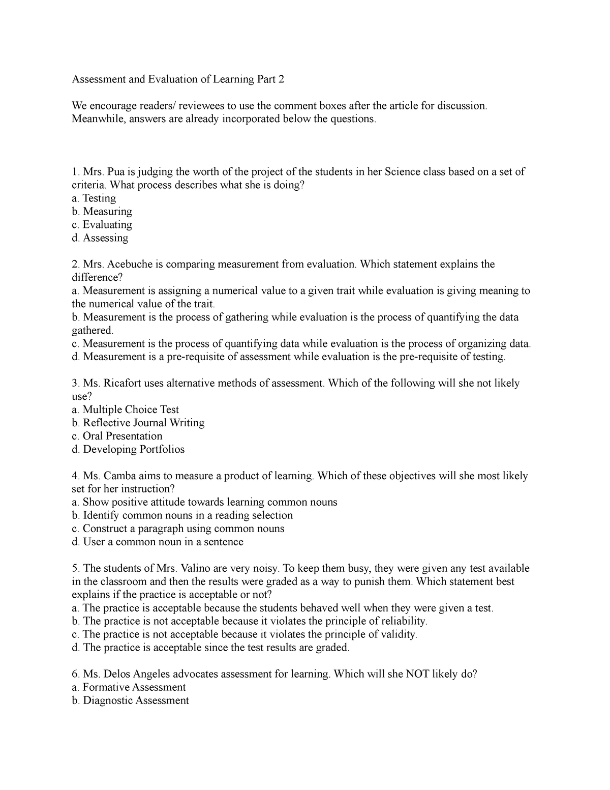 Assessment And Evaluation Of Learning Part 2 - Meanwhile, Answers Are 