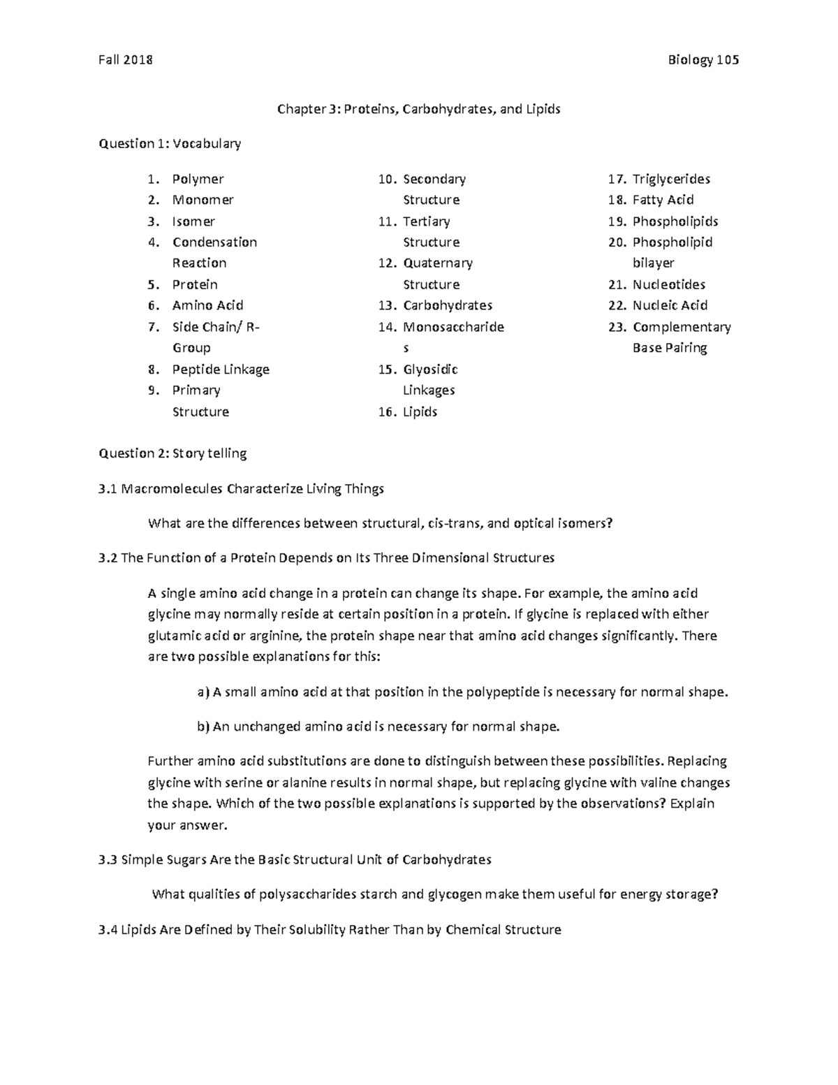 Lecture 2- Molecules of Life - Fall 2018 Biology 105 Chapter 3 ...