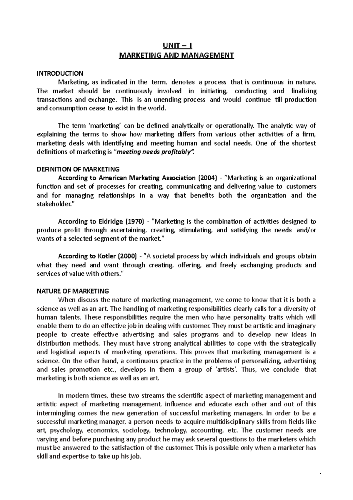 Unit -1 - It’s lecture notes - UNIT – I MARKETING AND MANAGEMENT ...