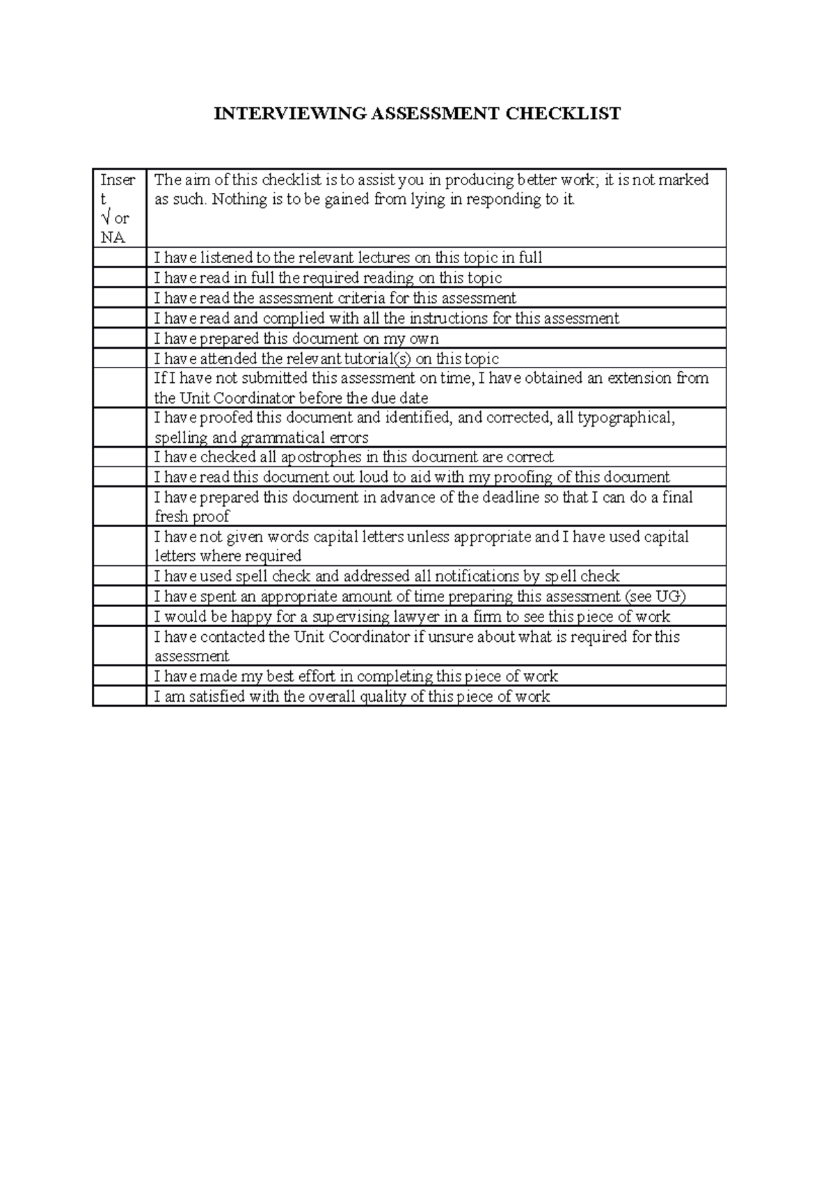 Interviewing assessment 2020 - INTERVIEWING ASSESSMENT CHECKLIST Inser ...