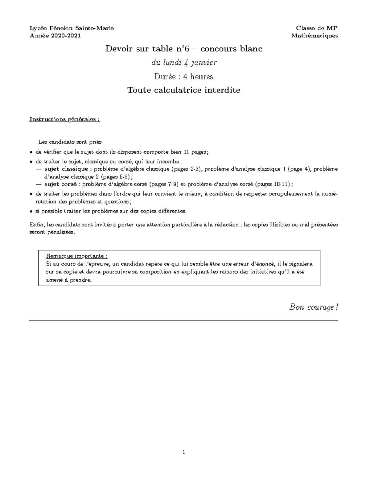 Mp 2020 2021 ds06 cb préparation aux concours Lycée Fénelon Sainte