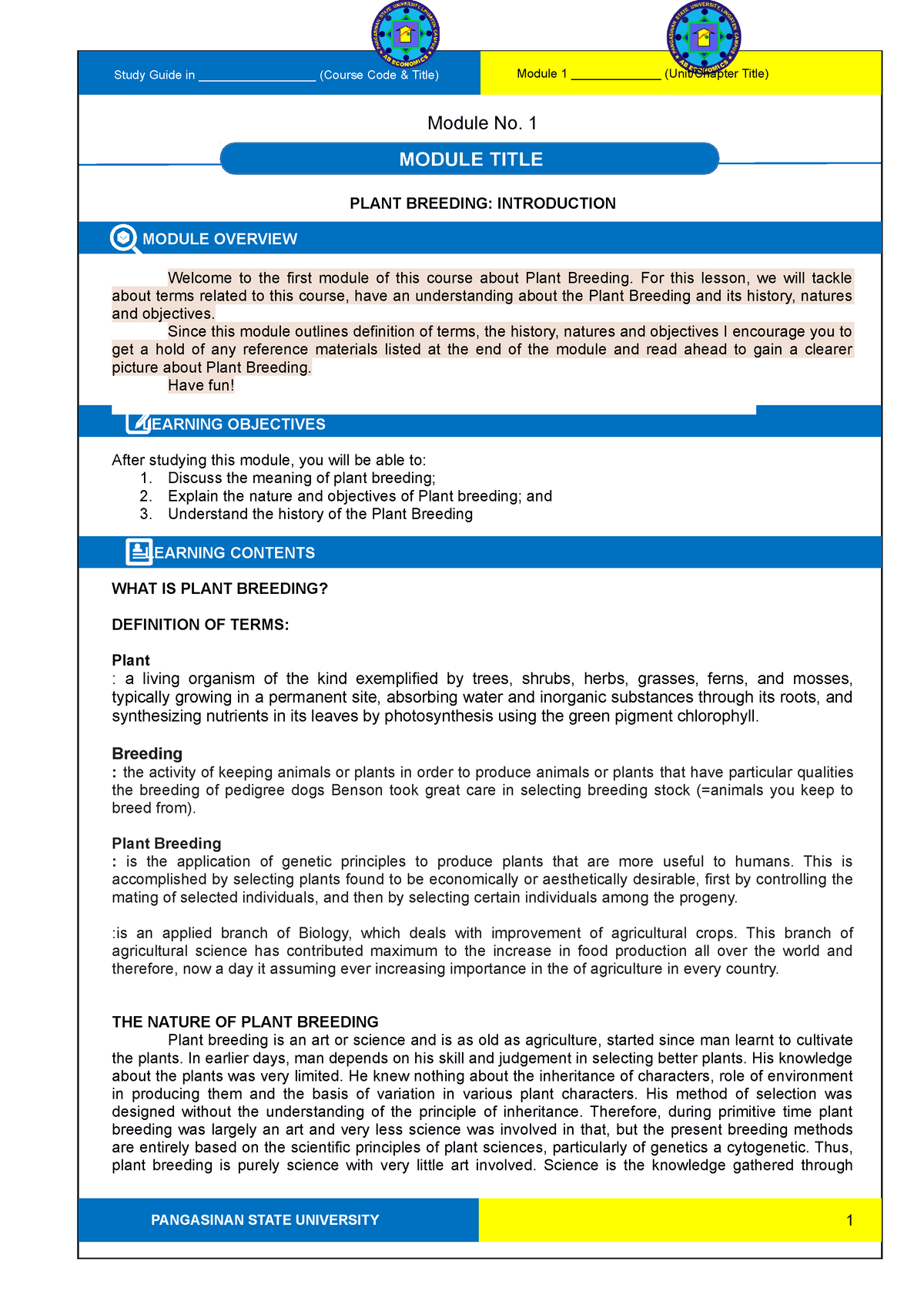 MC 411 Plant Breeding SG 1 - Module No. 1 PLANT BREEDING: INTRODUCTION ...