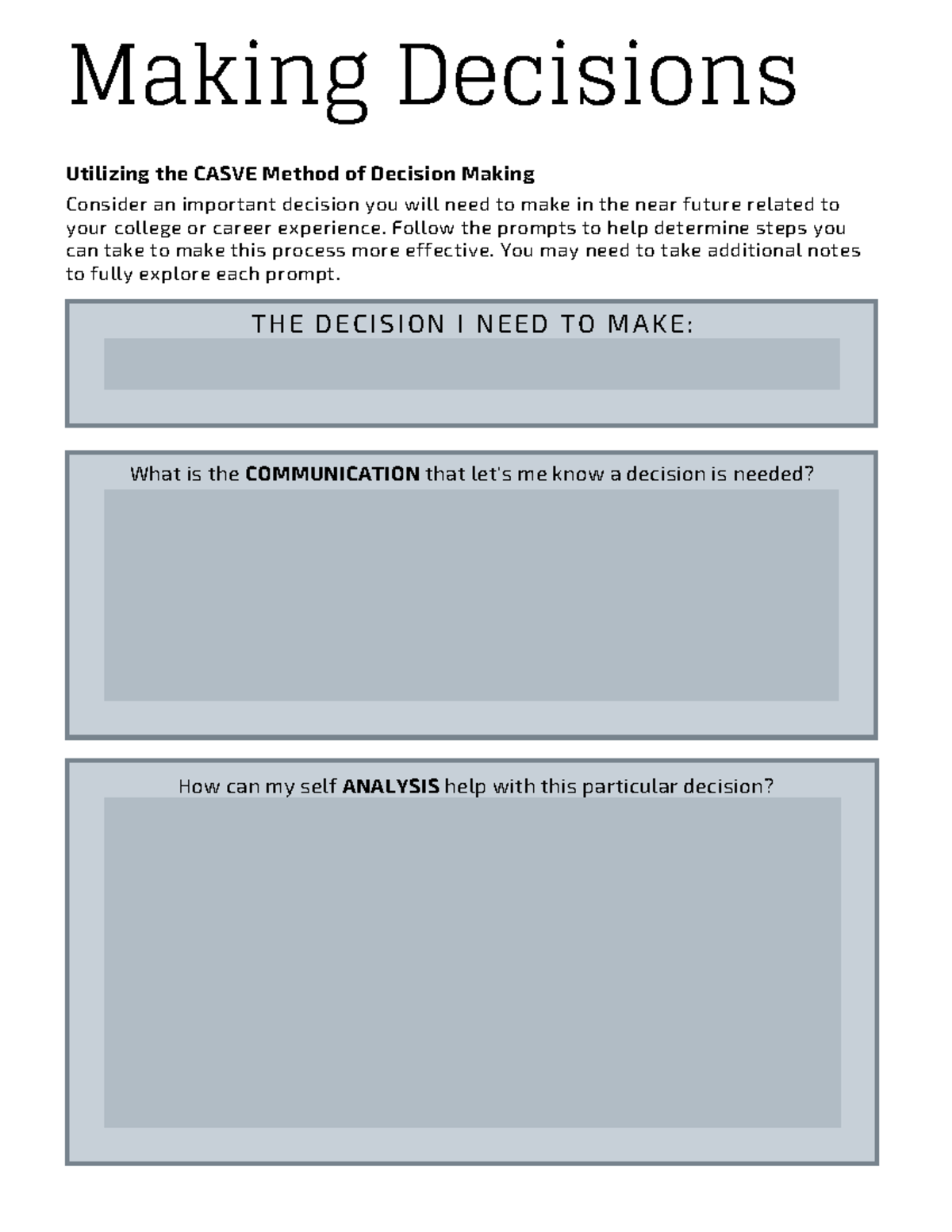 Decision Making Fillable - Consider an important decision you will need ...