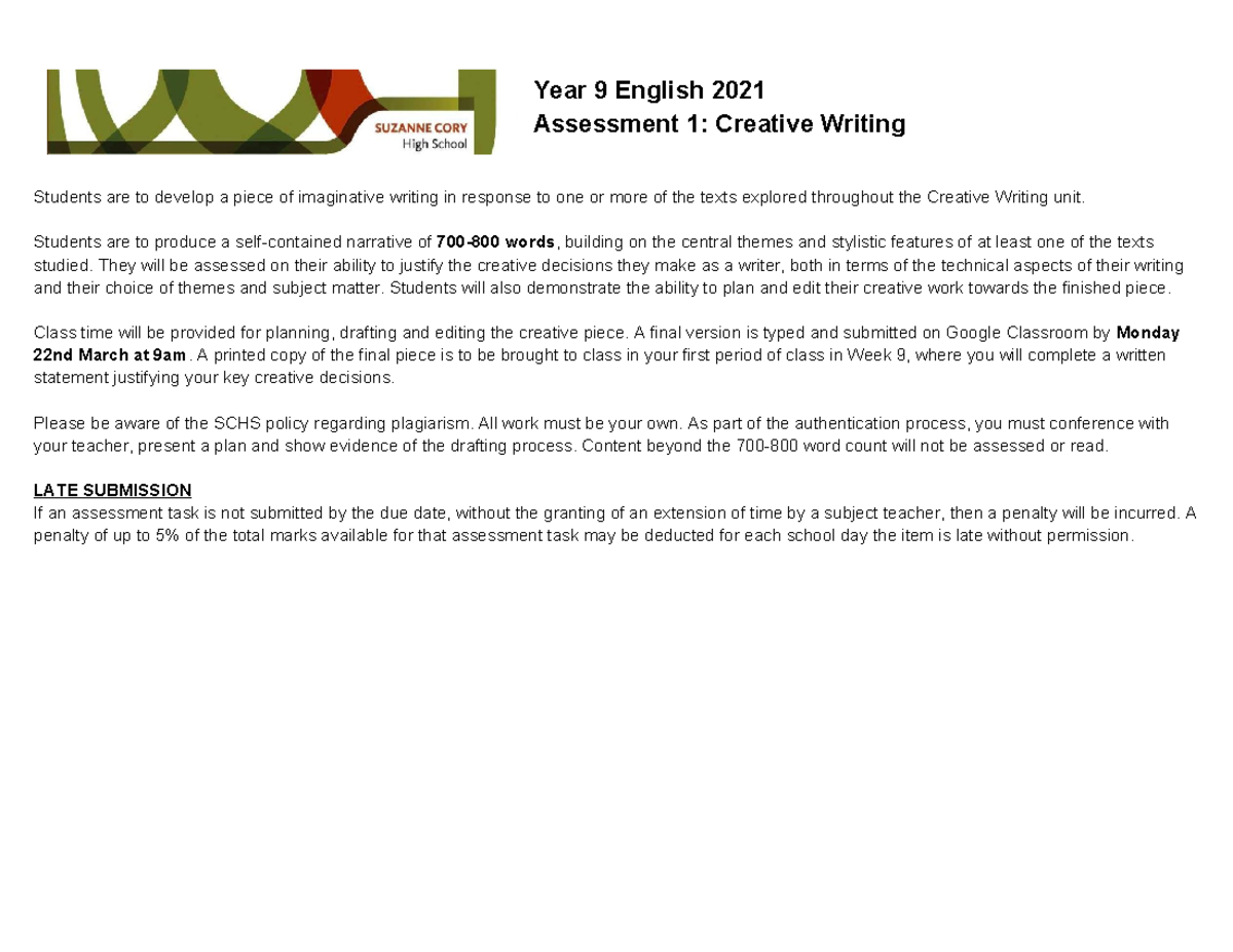 year 9 creative writing assessment