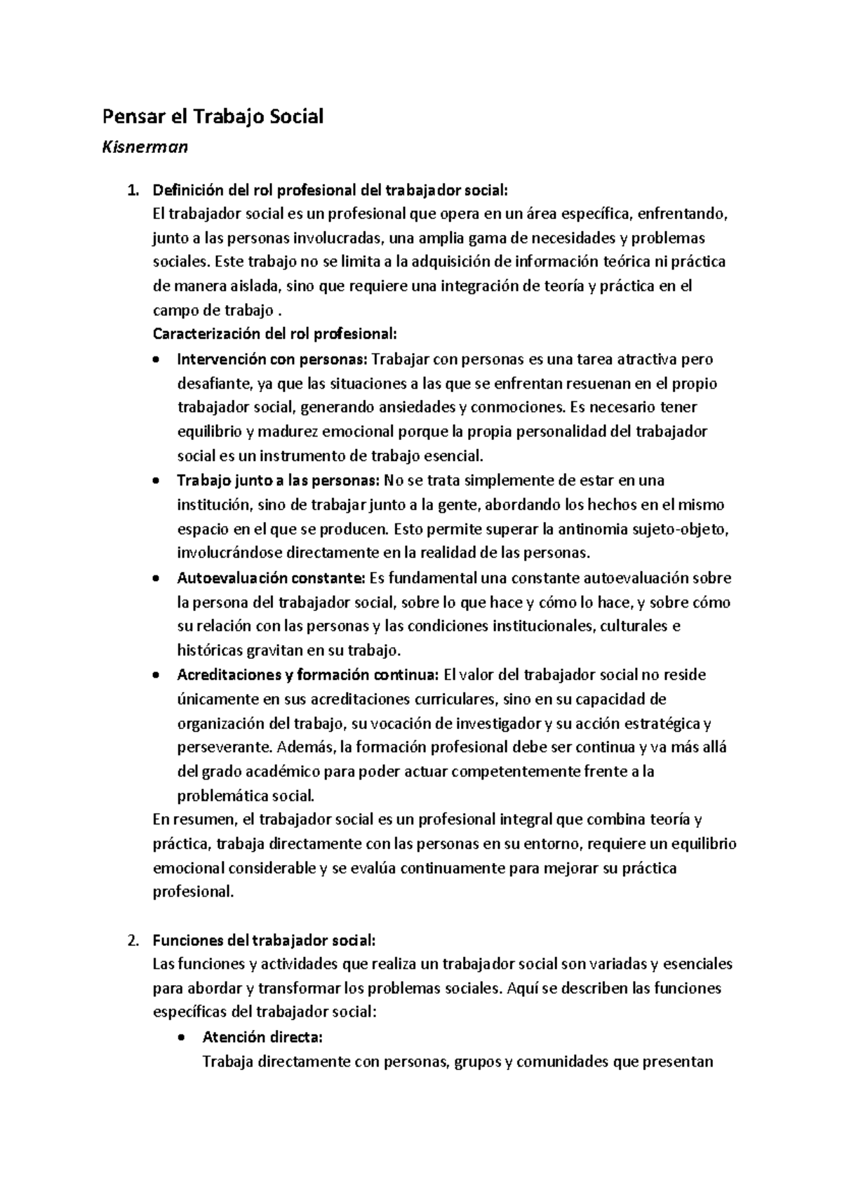 Resumen Kisnerman - Pensar el Trabajo Social Kisnerman Definición del ...