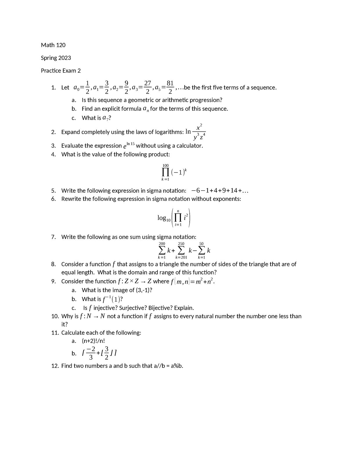 Math 120 Spring 23 Practice Exam 2 - Math 120 Spring 2023 Practice Exam ...