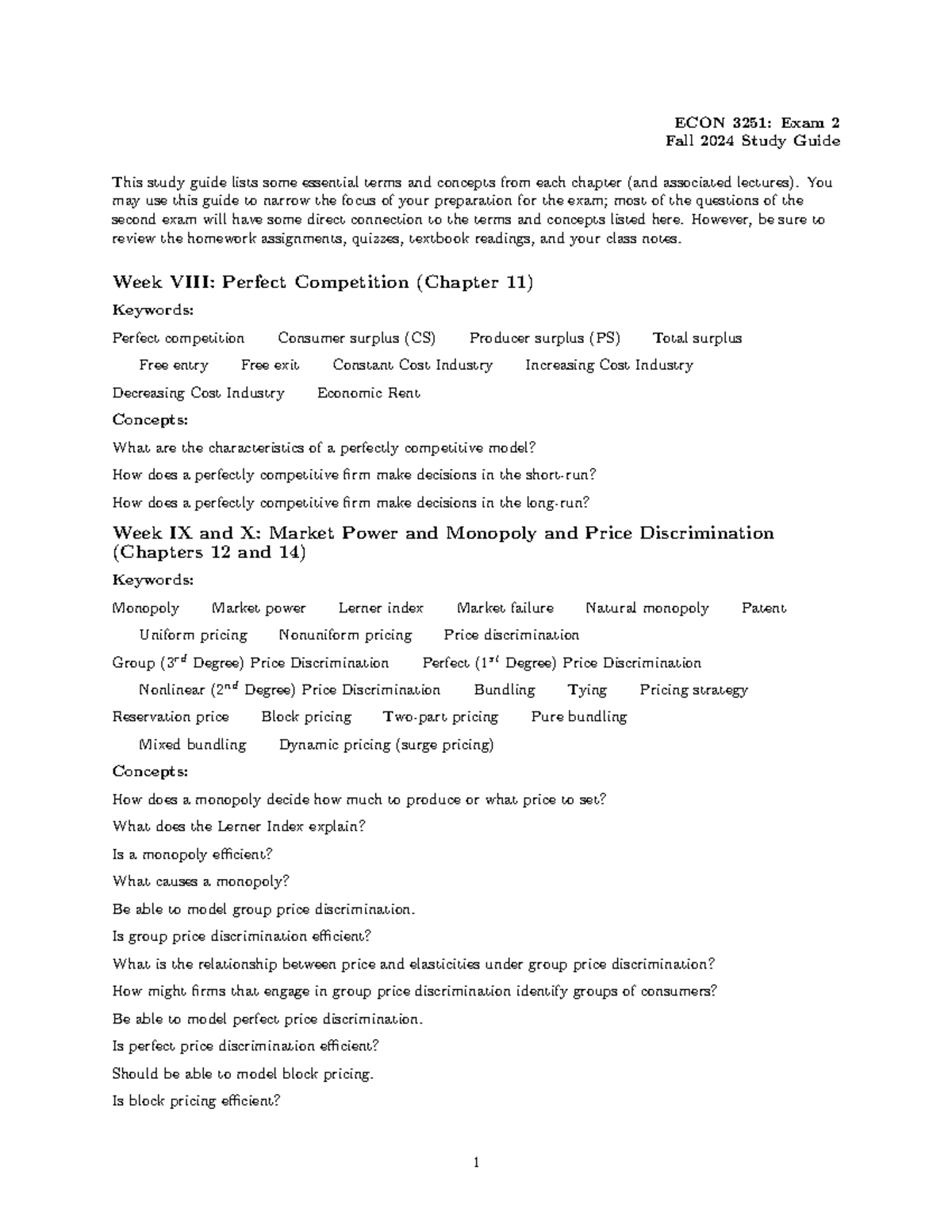 Exam 2 Study Guide - ECON 3251: Exam 2 Fall 2024 Study Guide This study ...